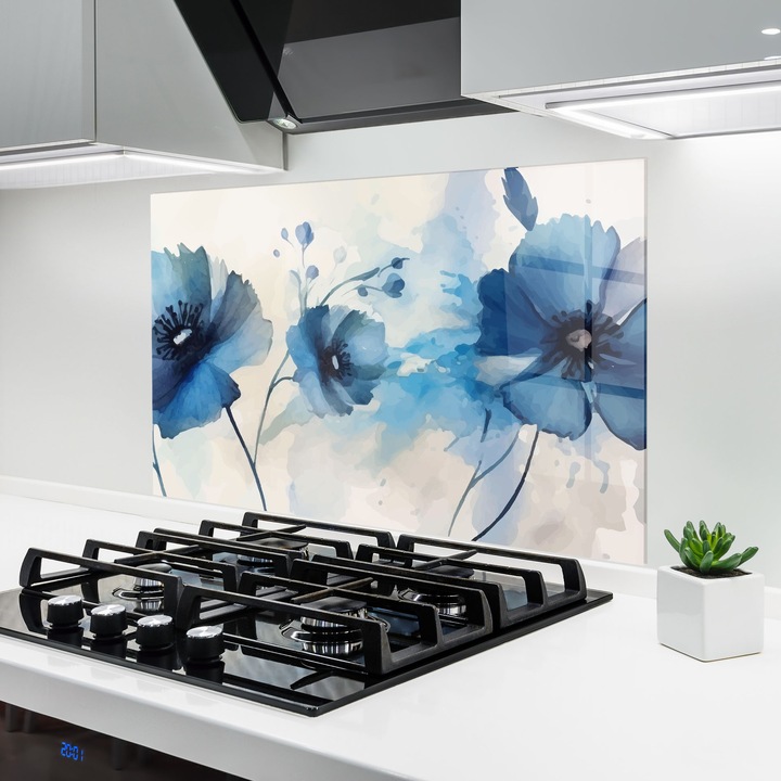 ARTHUB, Konyhai üveg hátfal 60x80 cm, 4 mm edzett, Védő gáz­tűzhely, Fröccsenésgátló, Hőálló, virágok, pipacsok, Blue Poppies