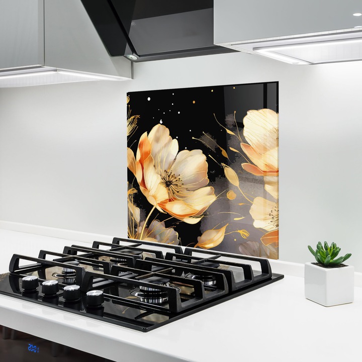 ARTHUB, Konyhai üveg hátfal 60x60 cm, 4 mm edzett, Védő gáz­tűzhely, Fröccsenésgátló, Hőálló, virágok, pipacsok, Gold Poppy Black