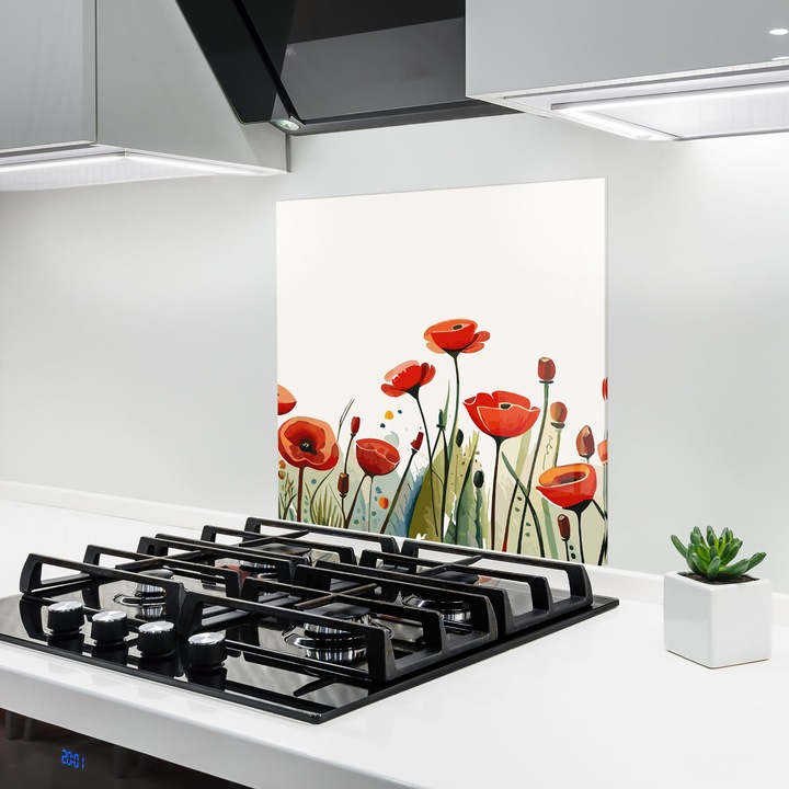 ARTHUB, Konyhai üveg hátfal 100x100 cm, 4 mm edzett, Védő gáz­tűzhely, Fröccsenésgátló, Hőálló, virágok, pipacsok, Minimalist Poppy