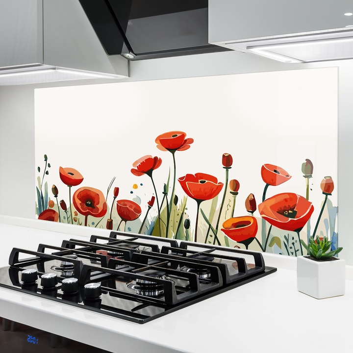 ARTHUB, Konyhai üveg hátfal 60x150 cm, 4 mm edzett, Védő gáz­tűzhely, Fröccsenésgátló, Hőálló, virágok, pipacsok, Minimalist Poppy