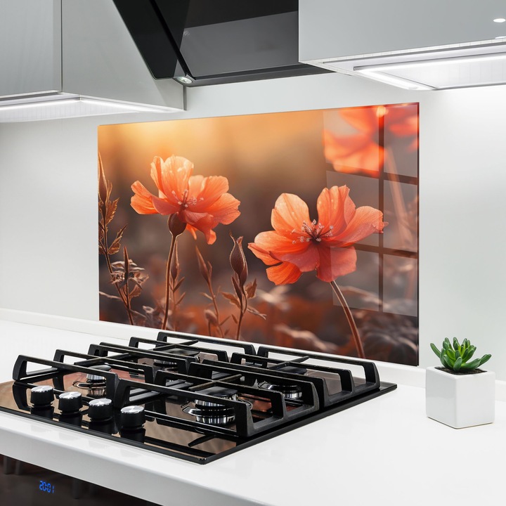 ARTHUB, Konyhai üveg hátfal 80x120 cm, 4 mm edzett, Védő gáz­tűzhely, Fröccsenésgátló, Hőálló, virágok, pipacsok, Orange Small Poppy