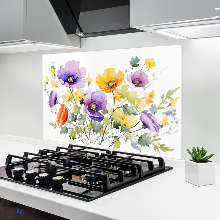 ARTHUB, Konyhai üveg hátfal 70x100 cm, 4 mm edzett, Védő gáz­tűzhely, Fröccsenésgátló, Hőálló, virágok, pipacsok, Purple Orange Poppy