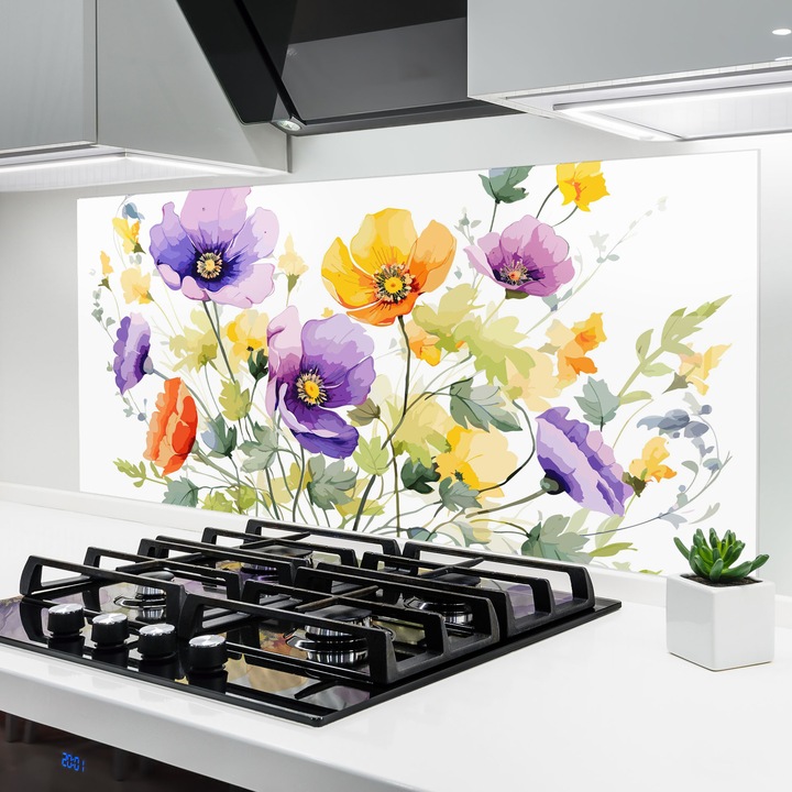 ARTHUB, Konyhai üveg hátfal 60x120 cm, 4 mm edzett, Védő gáz­tűzhely, Fröccsenésgátló, Hőálló, virágok, pipacsok, Purple Orange Poppy