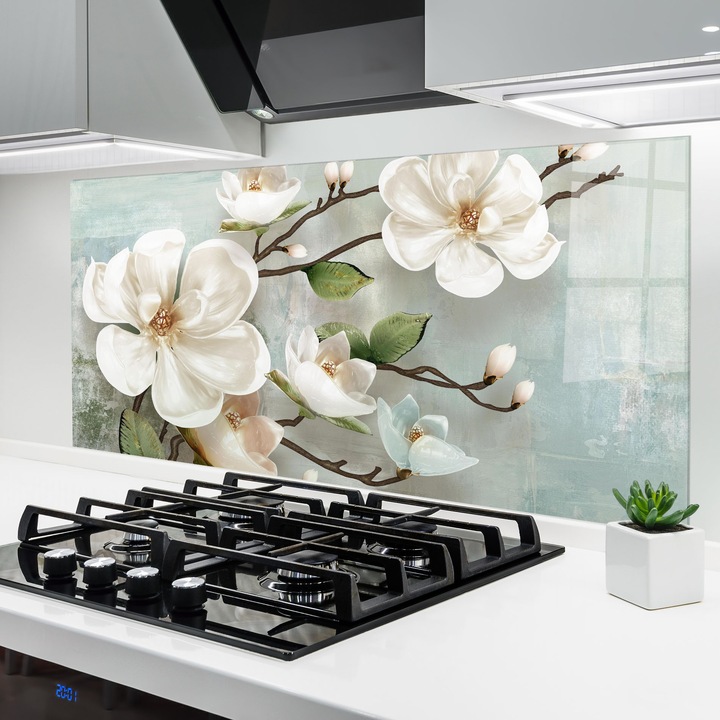 Panou Sticla Bucatarie, 60x120 cm, Protectie aragaz, Antistropi, Termorezistent, Flori, Magnolii, Magnolino