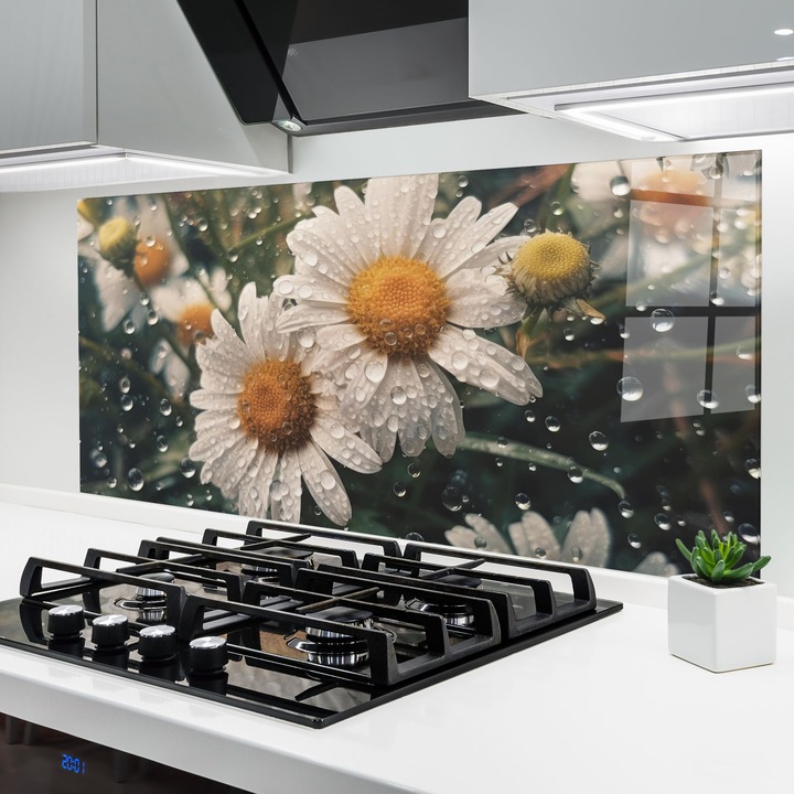 ARTHUB, Стъклен панел за кухня 60x120 cm, 5 мм закалено, Предпазител за газов котлон, Предпазител от пръски, Топлоустойчив, цветя, маргаритки, Daisy View After Rain