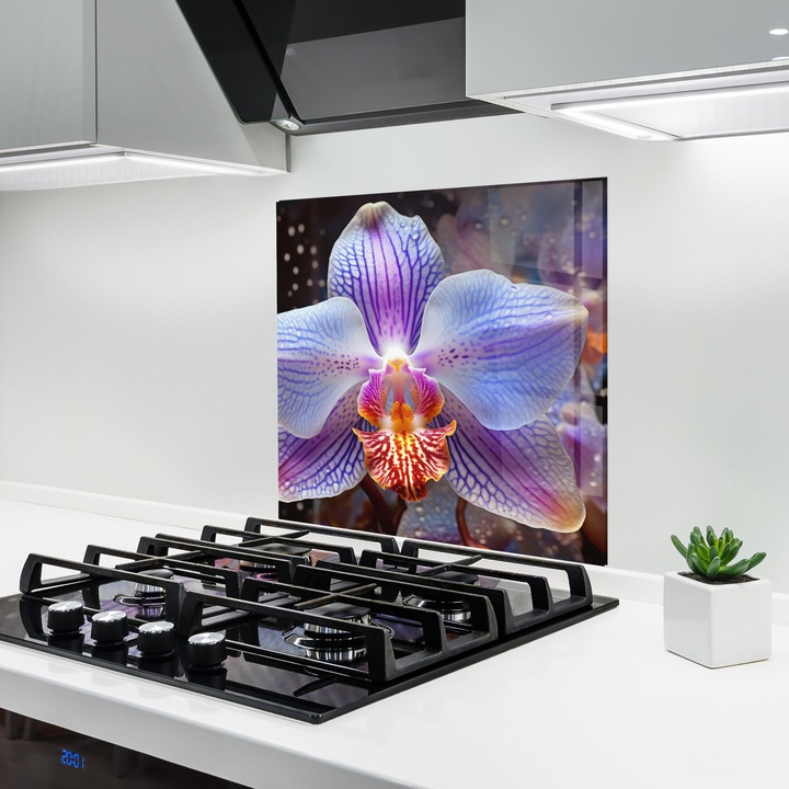 ARTHUB, Konyhai üveg hátfal 100x100 cm, 4 mm edzett, Védő gáz­tűzhely, Fröccsenésgátló, Hőálló, virágok, orchideák, Light Purple Orchid Art