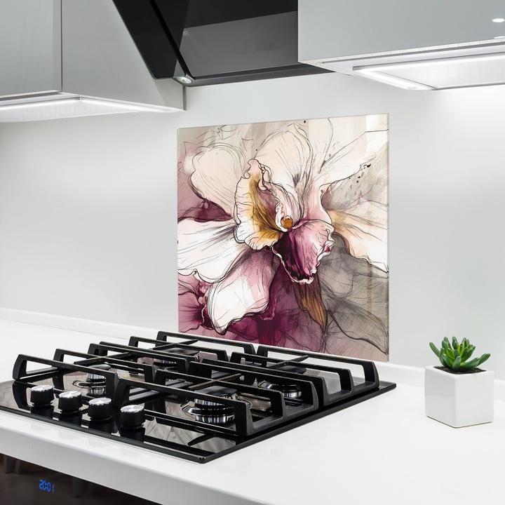 ARTHUB, Konyhai üveg hátfal 60x60 cm, 4 mm edzett, Védő gáz­tűzhely, Fröccsenésgátló, Hőálló, virágok, orchideák, Painted Purple Orchid