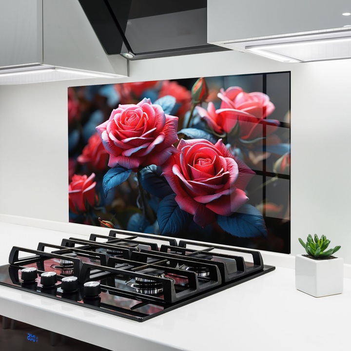 ARTHUB, Konyhai üveg hátfal 50x70 cm, 4 mm edzett, Védő gáz­tűzhely, Fröccsenésgátló, Hőálló, virágok, rózsák, Dark Pink Rose