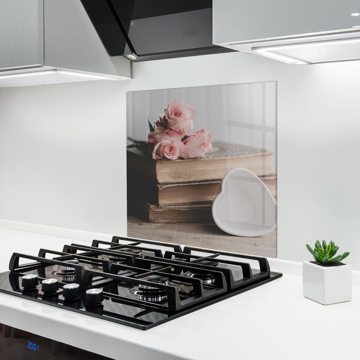 ARTHUB, Konyhai üveg hátfal 100x100 cm, 4 mm edzett, Védő gáz­tűzhely, Fröccsenésgátló, Hőálló, virágok, rózsák, Books With Roses