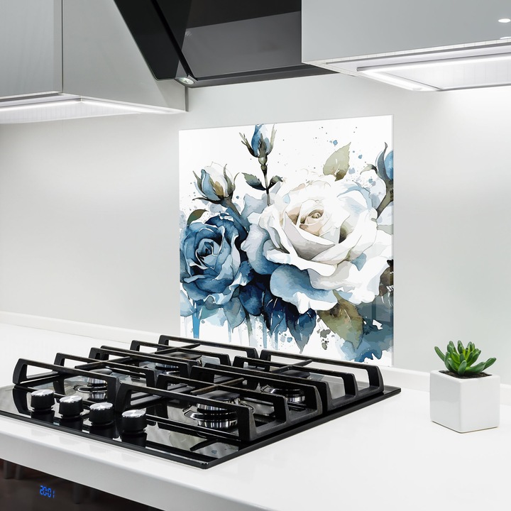 ARTHUB, Konyhai üveg hátfal 100x100 cm, 4 mm edzett, Védő gáz­tűzhely, Fröccsenésgátló, Hőálló, virágok, rózsák, Blue White Roses