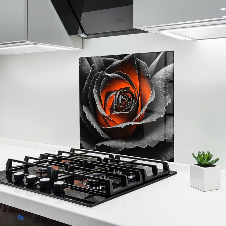 ARTHUB, Konyhai üveg hátfal 100x100 cm, 4 mm edzett, Védő gáz­tűzhely, Fröccsenésgátló, Hőálló, virágok, rózsák, Grey Orange Rose