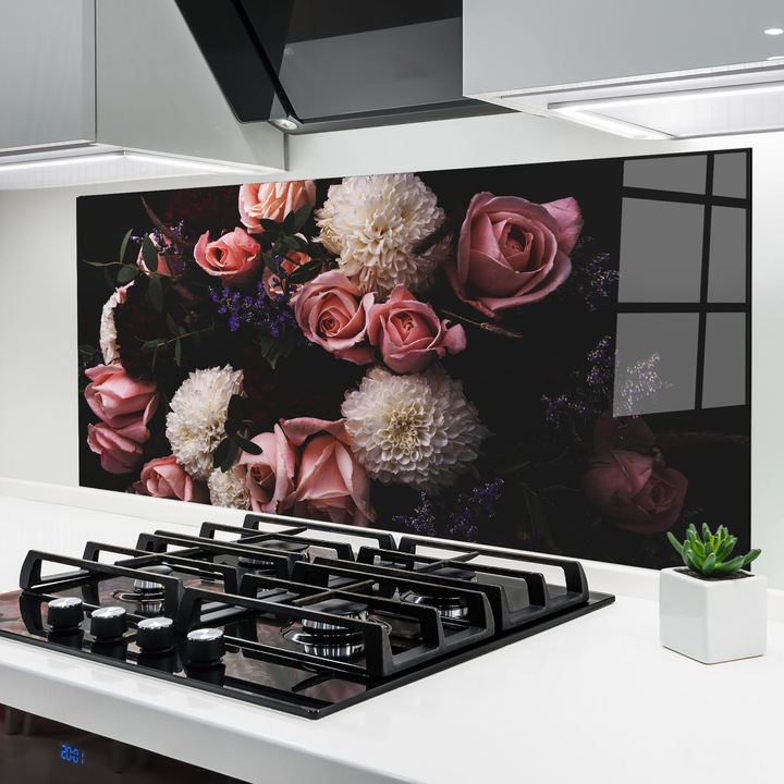 ARTHUB, Стъклен панел за кухня 60x120 cm, 5 мм закалено, Предпазител за газов котлон, Предпазител от пръски, Топлоустойчив, цветя, рози, Buchet De Trandafiri