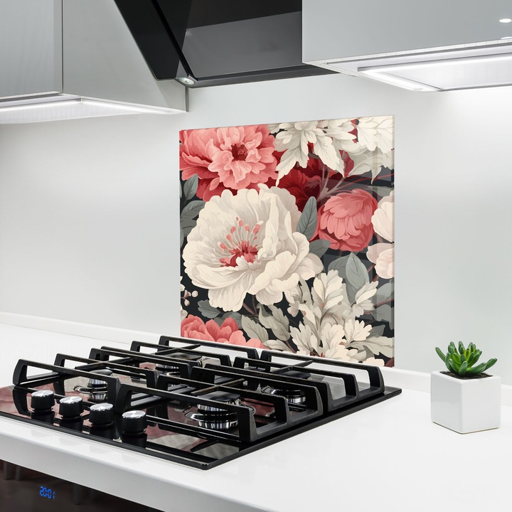 ARTHUB, Konyhai üveg hátfal 100x100 cm, 4 mm edzett, Védő gáz­tűzhely, Fröccsenésgátló, Hőálló, virágok, rózsák, Cream Pink Rose