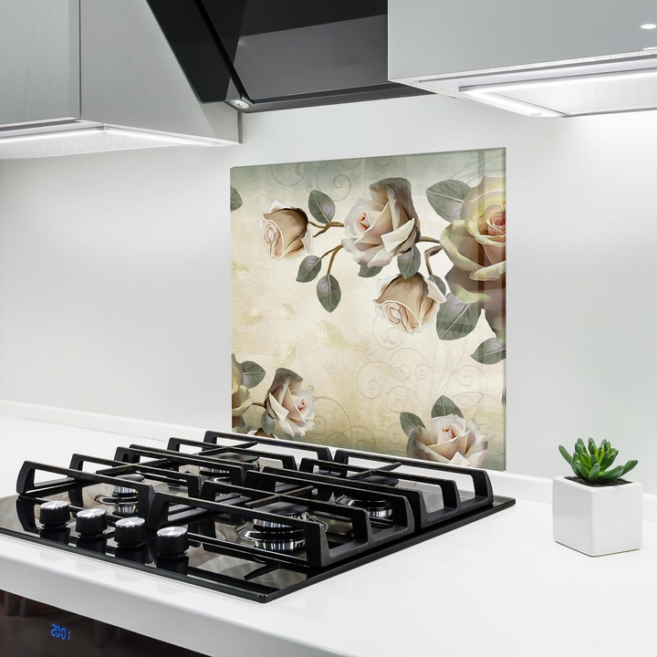 ARTHUB, Konyhai üveg hátfal 100x100 cm, 4 mm edzett, Védő gáz­tűzhely, Fröccsenésgátló, Hőálló, virágok, rózsák, Fir De Trandafir