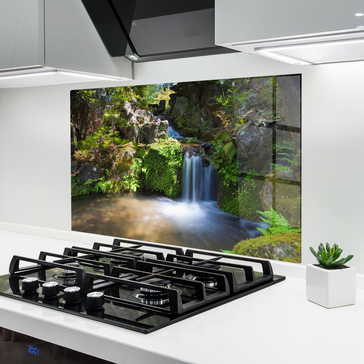 ARTHUB, Стъклен панел за кухня 60x100 cm, 5 мм закалено, Предпазител за газов котлон, Предпазител от пръски, Топлоустойчив, пейзажи, водопади, Jungle View Waterfall