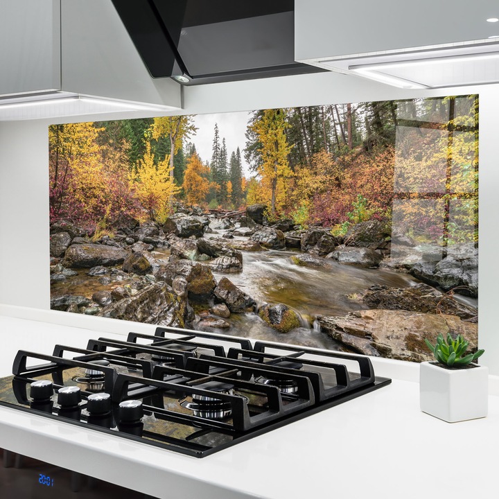 ARTHUB, Стъклен панел за кухня 60x120 cm, 5 мм закалено, Предпазител за газов котлон, Предпазител от пръски, Топлоустойчив, пейзажи, есен, Autumn Stream