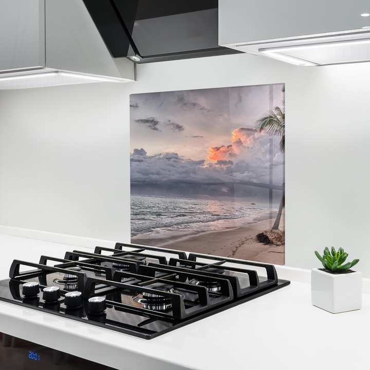 ARTHUB, Стъклен панел за кухня 100x100 cm, 5 мм закалено, Предпазител за газов котлон, Предпазител от пръски, Топлоустойчив, пейзажи, плажове, Cloudy Beach