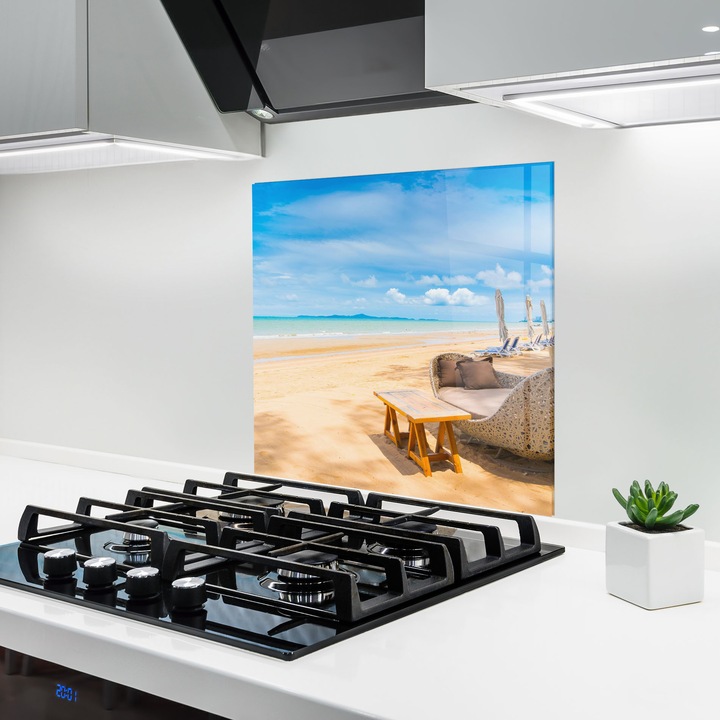 ARTHUB, Стъклен панел за кухня 60x60 cm, 5 мм закалено, Предпазител за газов котлон, Предпазител от пръски, Топлоустойчив, пейзажи, плажове, Dinning Blue Sky