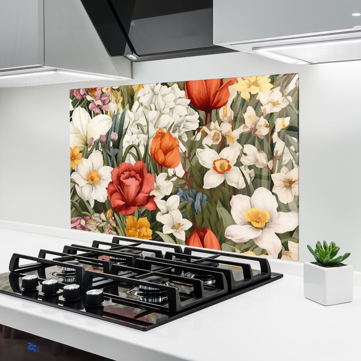ARTHUB, Стъклен панел за кухня 70x100 cm, 5 мм закалено, Предпазител за газов котлон, Предпазител от пръски, Топлоустойчив, пейзажи, пролет, Orange Red Spring