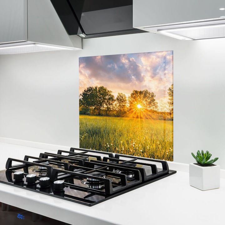 ARTHUB, Konyhai üveg hátfal 60x60 cm, 4 mm edzett, Védő gáz­tűzhely, Fröccsenésgátló, Hőálló, tájképek, nyár, Blossoming Meadow