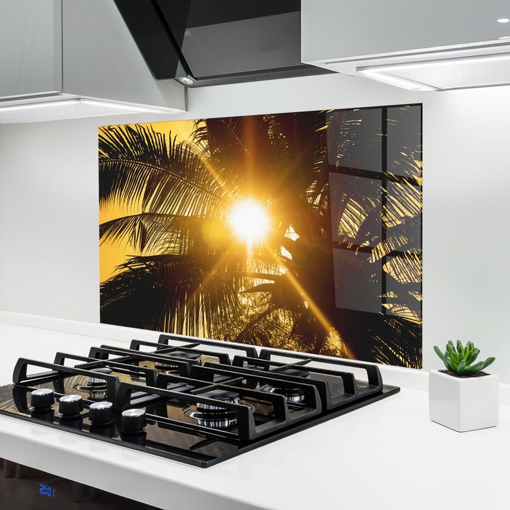 ARTHUB, Стъклен панел за кухня 70x100 cm, 5 мм закалено, Предпазител за газов котлон, Предпазител от пръски, Топлоустойчив, пейзажи, лято, Palm Trees Sun