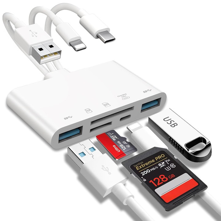 Cititor de carduri de memorie 5-in-1, Rqiurpn, adaptor USB OTG si cititor de carduri SD, Transmisie bidirectionala, Plug and Play, Portabil, pentru i-Phone/iPad, USB C and USB A Devices, Alb