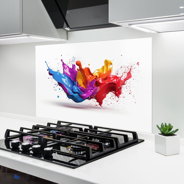 Panou Sticla Bucatarie, 80x120 cm, Protectie aragaz, Antistropi, Termorezistent, Abstracte, culori Vibrante, 3d Floating Splash