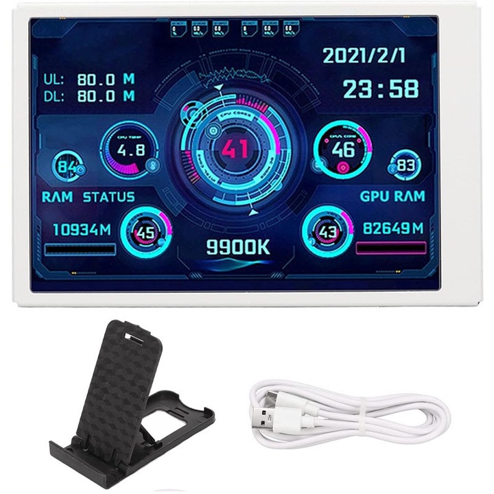 Ecran 3,5 Inch Smart Screen pentru PC, Rqiurpn, LCD IPS, Monitorizare parametri PC, Temperatura, Procese pentru Placa video, Procesor, SSD, Alb