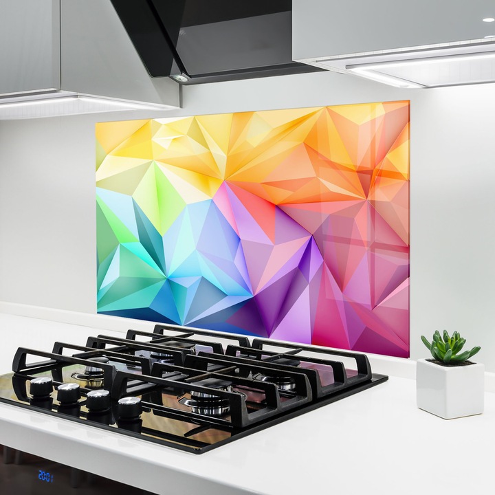 ARTHUB, Konyhai üveg hátfal 50x70 cm, 5 mm edzett, Védő gáz­tűzhely, Fröccsenésgátló, Hőálló, absztrakt, geometrikus, Rainbow Triangle Mix