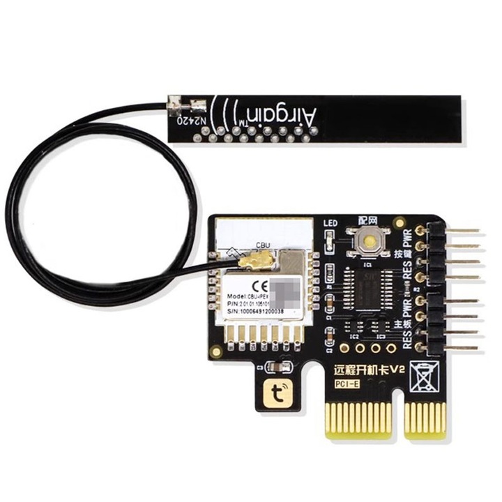 Placa Control Computer PC prin Telefon, Rqiurpn, aplicatia Tuya, WI-fi Bluetooth, PCie Remote PC, Mini Card, Antena PCB, A4, negru