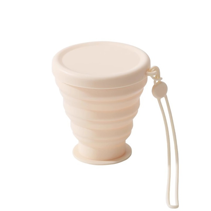 Összecsukható kempingpohár, 200 ml, szilikon, újrafelhasználható, bézsály, bézs