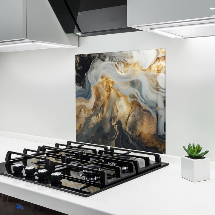 ARTHUB, Стъклен панел за кухня 60x60 cm, 5 мм закалено, Предпазител за газов котлон, Предпазител от пръски, Топлоустойчив, абстрактни, мрамор, Grey Gold Liquid Marble