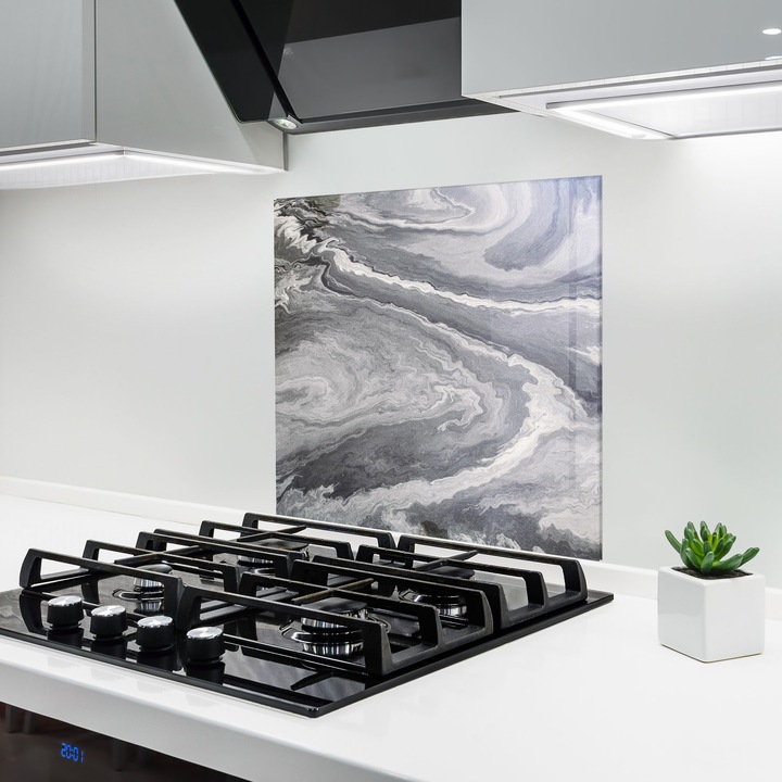 ARTHUB, Konyhai üveg hátfal 100x100 cm, 4 mm edzett, Védő gáz­tűzhely, Fröccsenésgátló, Hőálló, absztrakt, márvány, Grey Liquid Marble