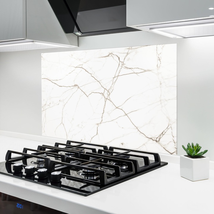 Panou Sticla Bucatarie, 60x80 cm, Protectie aragaz, Antistropi, Termorezistent, Abstracte, Marble, White Brown Lines Marble
