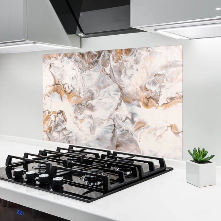 Panou Sticla Bucatarie, 80x120 cm, Protectie aragaz, Antistropi, Termorezistent, Abstracte, Marble, White Gold Abstract