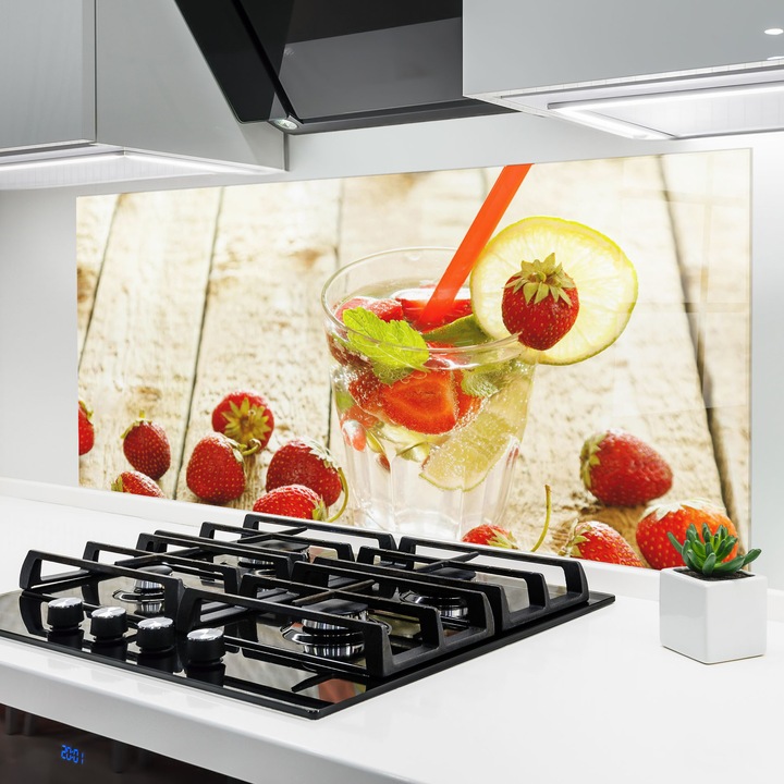 Panou Sticla Bucatarie, 60x120 cm, Protectie aragaz, Antistropi, Termorezistent, Alimente, Bauturi, Strawberry Lime Drink