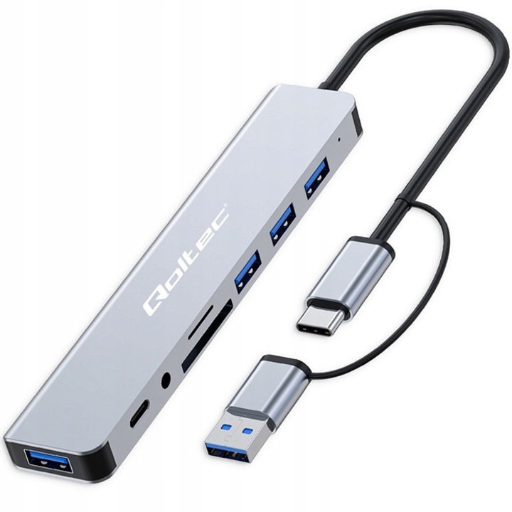USB-C Hub 8 az 1-ben, Qoltec, 53794, Alumínium, Átviteli sebesség 5 Gb/s, Üzemi hőmérséklet 0˚C ~ +45˚C, Kábelhossz ~0,11 m, Méretek 28 x 150 x 10 mm, Grafit
