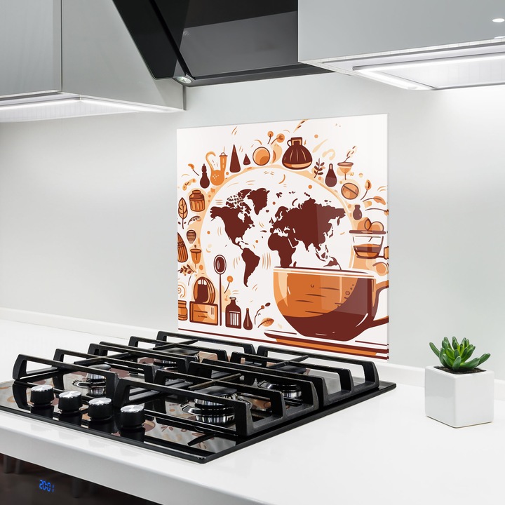 ARTHUB, Konyhai üveg hátfal 60x60 cm, 4 mm edzett, Védő gáz­tűzhely, Fröccsenésgátló, Hőálló, élelmiszerek, kávé, Coffee Map