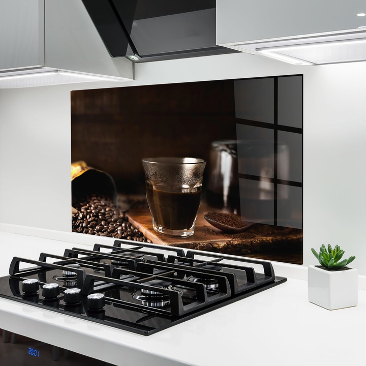 Panou Sticla Bucatarie, 80x120 cm, Protectie aragaz, Antistropi, Termorezistent, Alimente, Cafea, Cup Of Dark Coffee