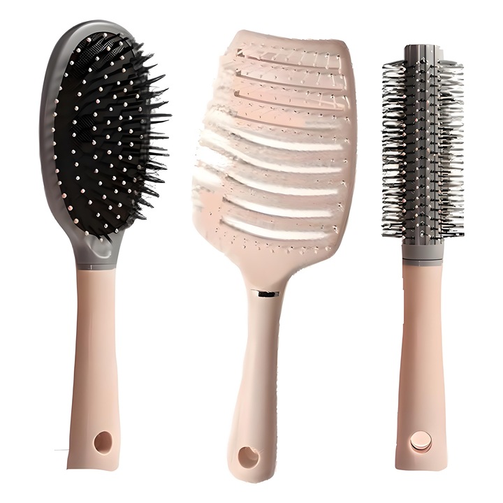 Set de 3 perii de par roz: 1 pieptene cu dinti lati, 1 perie rotunda de coafat si 1 perie plata. Potrivit pentru toate tipurile de par, inclusiv parul deteriorat