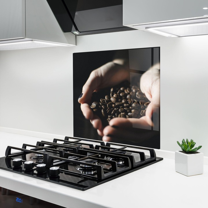 ARTHUB, Konyhai üveg hátfal 60x60 cm, 4 mm edzett, Védő gáz­tűzhely, Fröccsenésgátló, Hőálló, élelmiszerek, kávé, Holding Black Coffee
