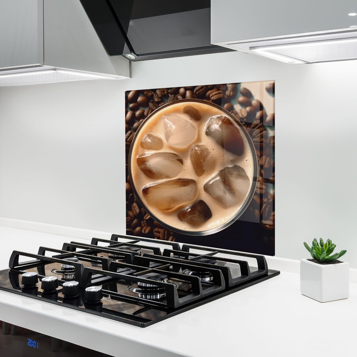 ARTHUB, Konyhai üveg hátfal 100x100 cm, 4 mm edzett, Védő gáz­tűzhely, Fröccsenésgátló, Hőálló, élelmiszerek, kávé, Iced Cappuccino Coffee