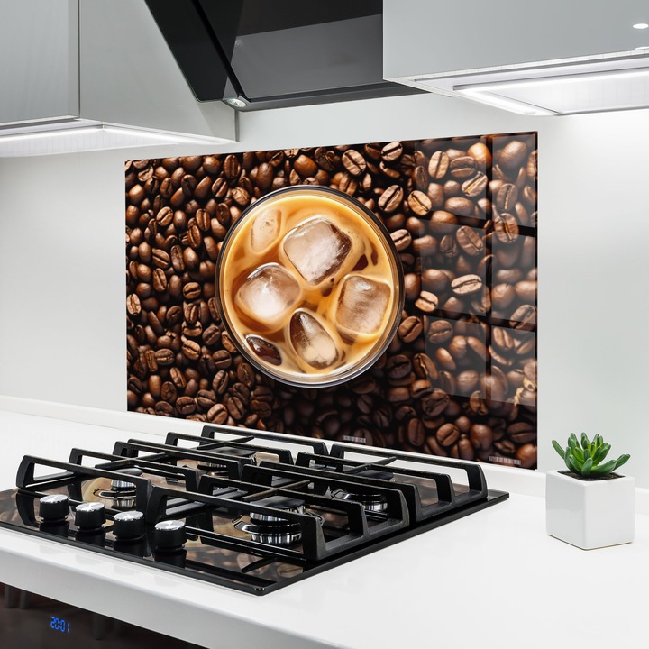 Panou Sticla Bucatarie, 70x100 cm, Protectie aragaz, Antistropi, Termorezistent, Alimente, Cafea, Icecoffee On Beans