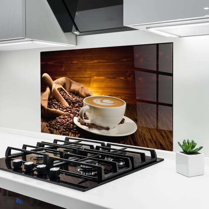 Panou Sticla Bucatarie, 70x100 cm, Protectie aragaz, Antistropi, Termorezistent, Alimente, Cafea, Latte Coffee