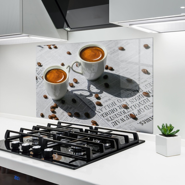 Panou Sticla Bucatarie, 60x80 cm, Protectie aragaz, Antistropi, Termorezistent, Alimente, Cafea, Newspaper Coffee