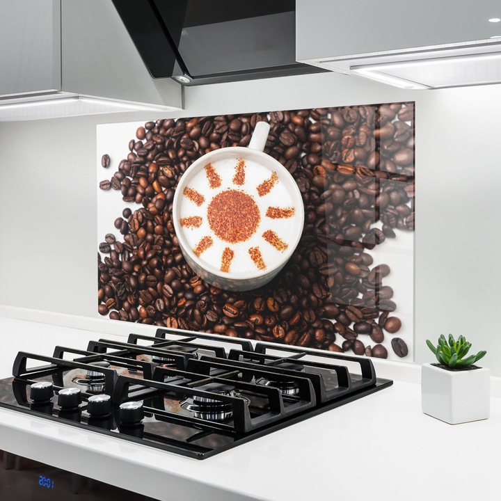 Panou Sticla Bucatarie, 60x80 cm, Protectie aragaz, Antistropi, Termorezistent, Alimente, Cafea, Sun Pattern Coffee