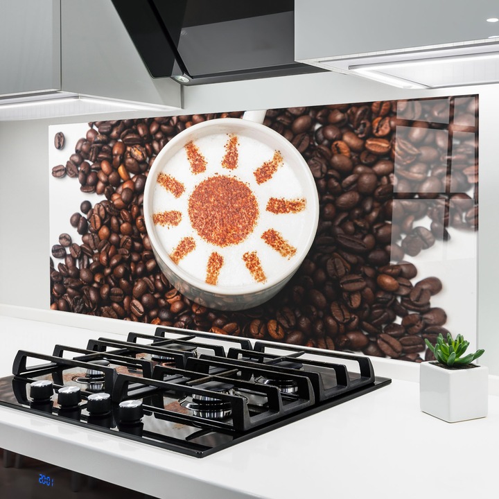 Panou Sticla Bucatarie, 60x150 cm, Protectie aragaz, Antistropi, Termorezistent, Alimente, Cafea, Sun Pattern Coffee