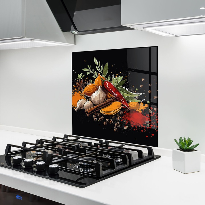 ARTHUB, Konyhai üveg hátfal 100x100 cm, 4 mm edzett, Védő gáz­tűzhely, Fröccsenésgátló, Hőálló, élelmiszerek, fűszerek, Spices Art