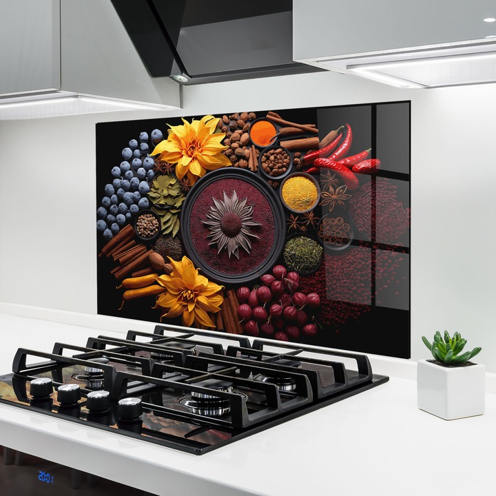 ARTHUB, Konyhai üveg hátfal 60x80 cm, 4 mm edzett, Védő gáz­tűzhely, Fröccsenésgátló, Hőálló, élelmiszerek, fűszerek, Spicess Autumn