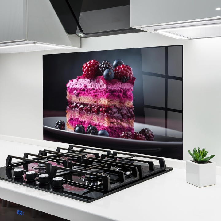 Panou Sticla Bucatarie, 80x120 cm, Protectie aragaz, Antistropi, Termorezistent, Alimente, Dulciuri, Berries Cake